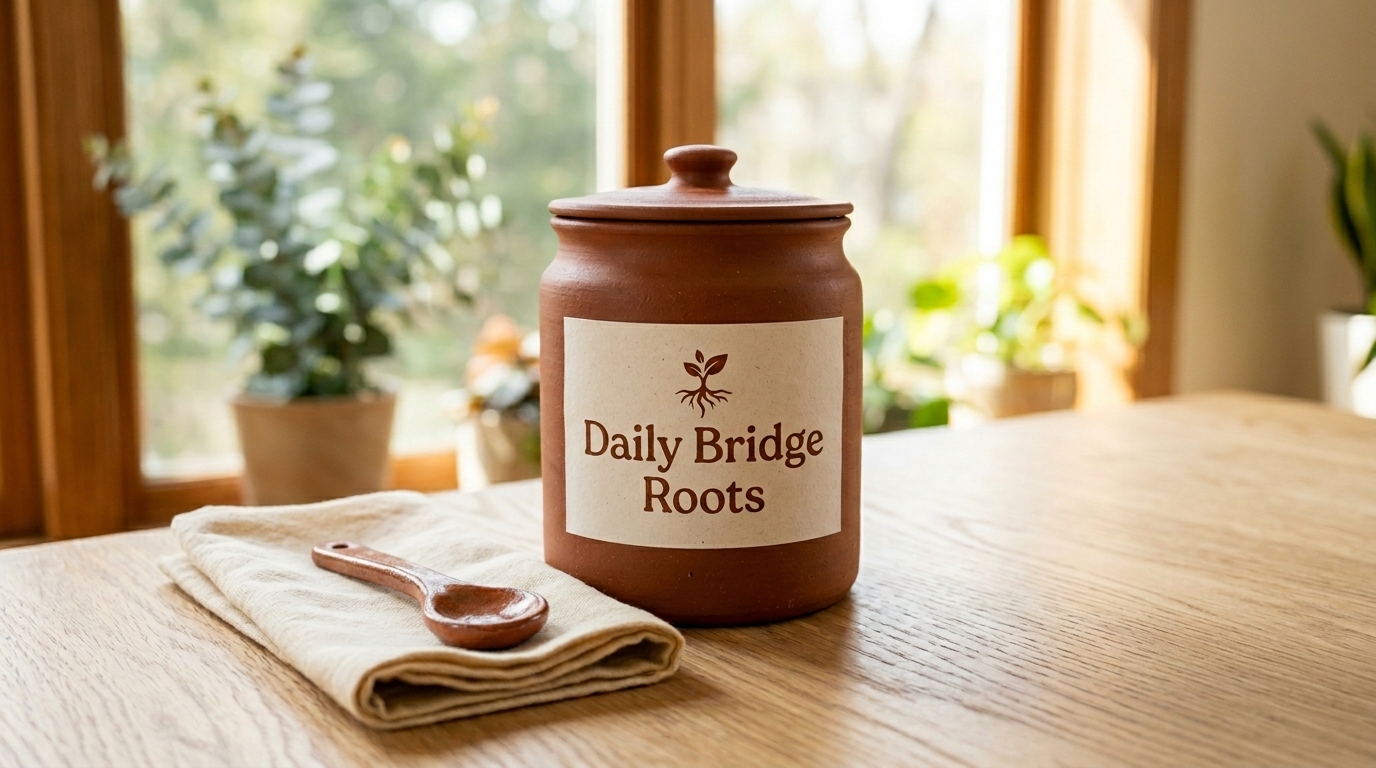 Банка Daily Bridge Roots під кутом на світлому столі